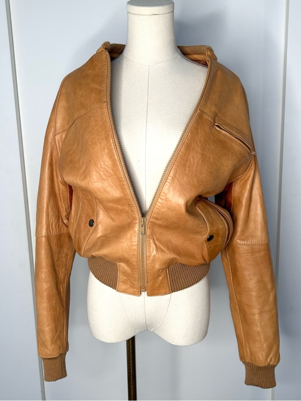 Vintage Cognac Tan Leather Bomber Jacket